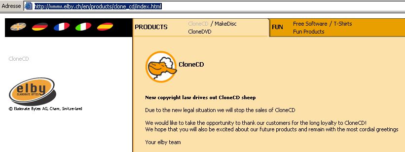 Homepage von Elaborate Byte http://www.elby.ch/en/products/clone_cd/index.html